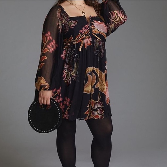 Anthropologie Dresses & Skirts - Anthropologie Let Me Be Crimped Black Chiffon Pink Floral Pattern